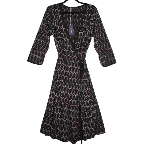 Max Studio Wrap Dress Women's Large Black Red Midi Long Sleeve Office Geometric - Picture 1 of 11